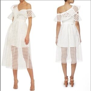 Self-Portrait Lace Frill Asymmetric shoulder Midi Dress UK Size 6 and US Size 2‎